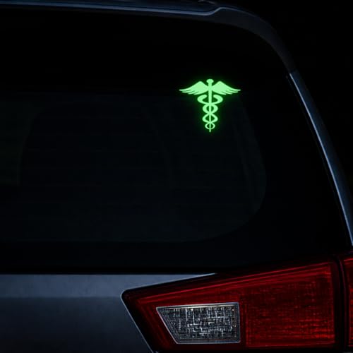 Image of Doctor Radium Glow Car Sticker | Medical Symbol Caduceus Glow-in-Dark Sticker for Car, Bike & Helmet | Night Reflective & Radium Decal (Size 9x10.5 cm) Pack of 2
