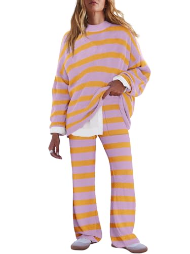 Image of LAMISSCHE Oversized Womens Lounge Set Striped Sweater Set Long Sleeve 2 Piece Pajama Set Top and Pants with Pockets