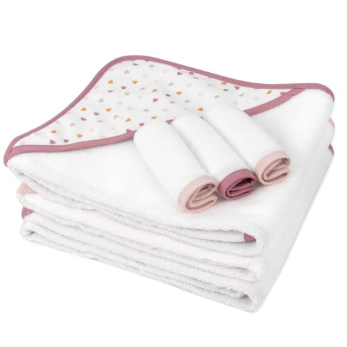 Image of Jessica Simpson Baby 6-Piece Hooded Towel & Washcloth Set - Soft Polyester Hooded Towels + Matching Washcloths (Pink Bows & Hearts)