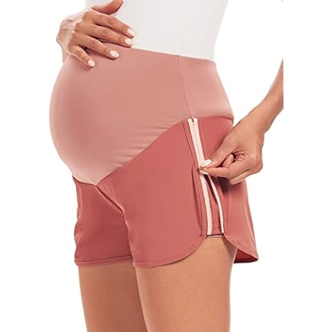 Glampunch Maternity Shorts Over Belly Active Quick-Dry Yoga Shorts Pregnancy Workout Running Short Pants, Pink, Large Cover