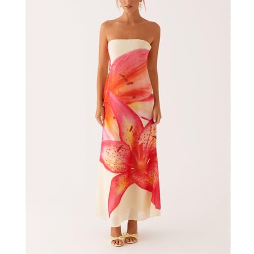 Image of Zwirelz Women Strapless Maxi Dress Boho Floral Print Flowy Long Tube Dress Off Shoulder Loose Beach Sundress