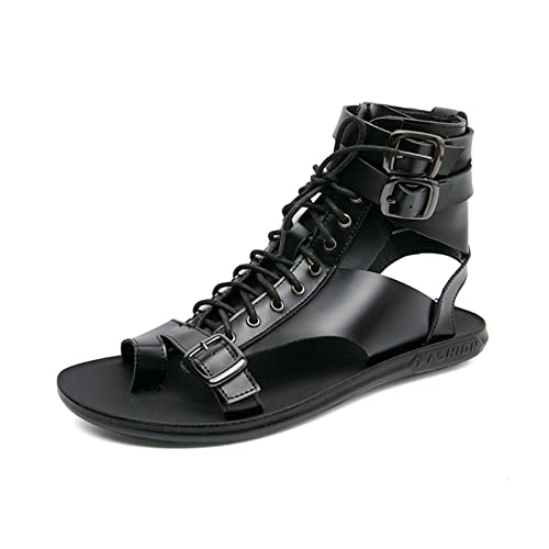 UGOSELEC Men's Leather Gladiator Sandals Roman Sandals,Casual Non-slip Breathable Lace Up Buckle Versatile High Top Beach Shoes