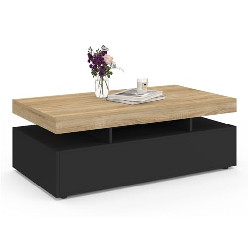 IDMarket Elsa - Mesa baja rectangular con 2 cajones de madera negra y bandeja de madera