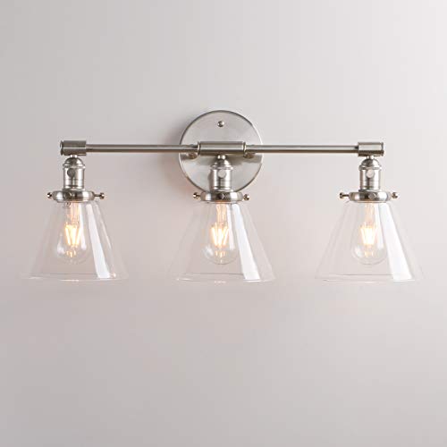Image of Permo Vintage Industrial Antique Three-Light Wall Sconces with Funnel Flared Clear Glass Shade (Brushed)