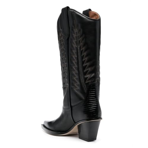 YDN Women Wide Calf Pull On Western Cowboy Boots Pointed Toe Block Mid Heel Stitching Tall Boots Daily Holiday Retro Shoes Size 4-16 US2