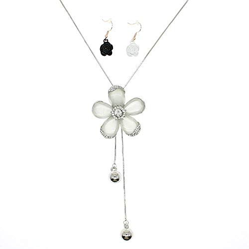 White Crystal Pendant Necklace Long Sweater Necklace Fashion Jewelry for Women Girls (5 Petals Flower Necklace)