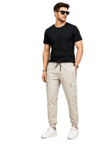 Image of Men's Jogger Cargo Pants | Stretchable Cotton Blend Utility Trousers | Regular Fit Multi Pocket Casual Bottom Wea