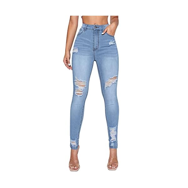 Floerns Women's High Waisted Ripped Skinny Jeans Destroyed Denim Pants Light Blue S