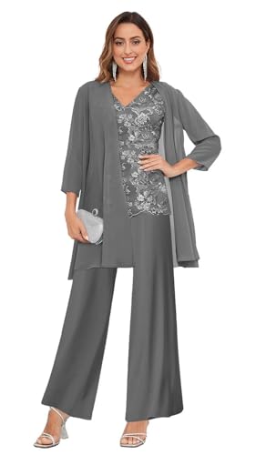 3 Pieces Mother of The Bride Pant Suits for Wedding Lace Chiffon Formal Evening Gowns with Jacket4