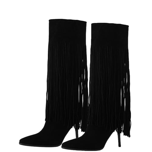 Botas Cortas de Felpa hasta la Rodilla, Botas Rectas Puntiagudas con tacón de Aguja y Cremallera Lateral, Botas de Media Pantorrilla con Suela de Goma esmerilada de Gamuza,Negro,39 EU