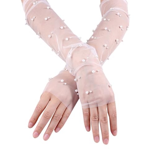 Pearl Wedding Gloves Long Wedding Tulle Gloves Fingerless Sleeves Pearl Gloves for Women Girls Wedding Opera Dance Party Decoration 1 Pair