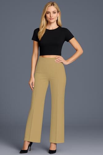 Image of SWADESI STUFF Women's High Waisted Bell Bottom Pants | Retro Wide Leg Trousers | Stretchy Flared Palazzo Pants for Office, Casual Wear & Party