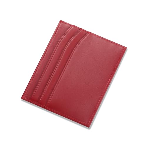 Image of HISCOW Slim Full Grain Leather Card Holder, Wine Red | Men's minimalist EDC wallet, front pocket carry, 6 credit card slots & center pocket, fits folded bills, premium gift box