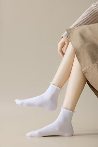 SRYL Ruffle Ankle Socks for Women's,Casual Cute Turn-Cuff Socks Soft Breathable Knit Cotton Lettuce Frilly Crew Socks Girls2