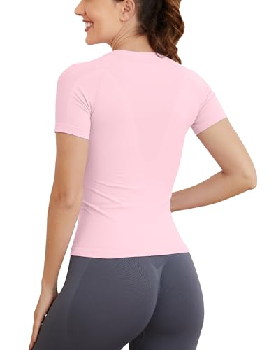 Image of MathCat Workout Shirts for Women, Workout Tops for Women Short Sleeve, Seamless Yoga Shirts, Breathable Athletic Gym Tops Slim Fit Pale Pink, X-Small