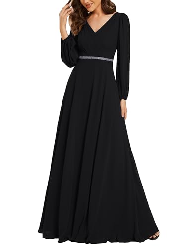 Ever-Pretty Abendkleider Elegant Für Hochzeit Lang Langarm Chiffonkleid Damen A Linie Maxi V-Ausschnitt Wedding Guest Dress Schwarz 44