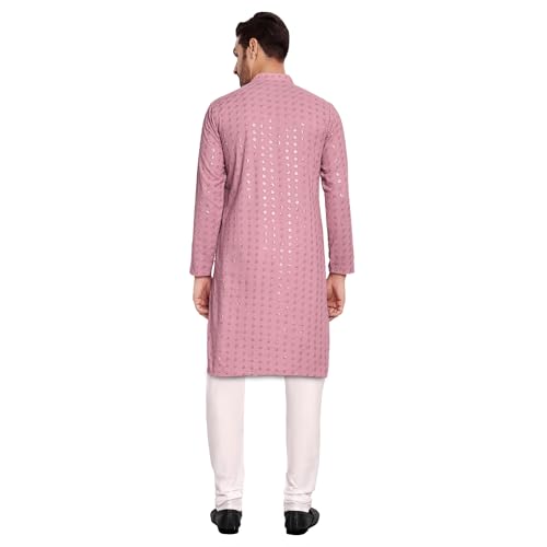 Image of Rayon Ethnic Wear Full Chikankari Sequin Embroidery Mirror Work Traditional Straight Kurta Pyjama Set for Men