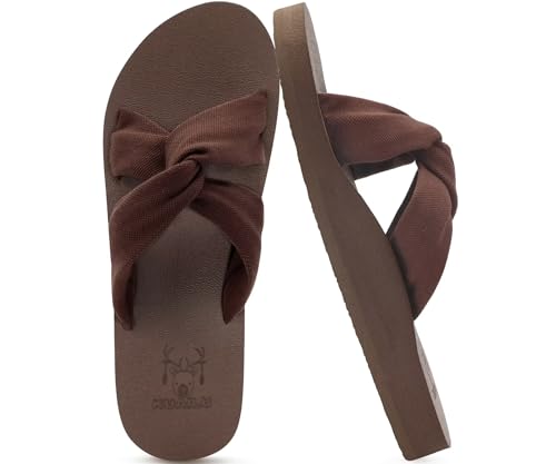 KuaiLu Womens Dressy Sandals Arch Support Yoga Mat Memory Foam Comfortable Cushion Walking Cross Slides Ladies Summer Beach Pool Slip on Orthotic Slippers ALL Brown-1 7.5