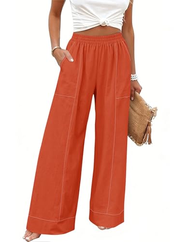 Rapbin Wide Leg Pants for Women Linen Palazzo Elastic Waist Trousers with Pockets Summer Beach Vacation Clothes Orange
