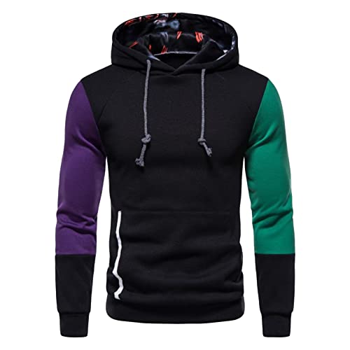 Maiyifu-GJ Men Casual Colorblock Pullover Hoodies Long Sleeve Patchwork Drawstring Hoodie Casual Slim Fit Hooded Sweatshirt (Black,3X-Large)