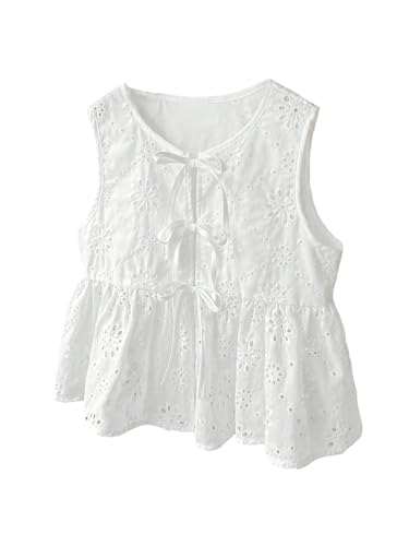 SweatyRocks Girl's Bow Tie Front Eyelet Embroidery Sleeveless Blouses Cute Ruffle Tank Top - Main Image