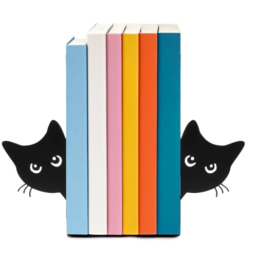TMZELOA 2 Piezas Soportes de Libros Creativos de Gato, 15 x 4 x 18 cm, Soportes de Libros de Metal Negro, Soportes de Libros Metálicos, Soportes de Libros para Estantería para Escuela, Oficina y Hogar