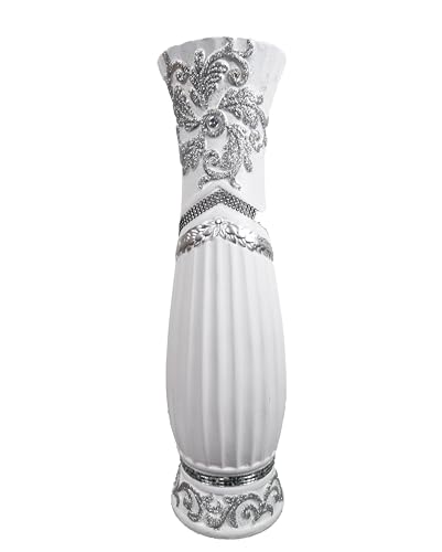 Vase décoratif en céramique, 60 cm, blanc avec paillettes argentées et strass