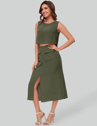 ROYLAMP Women's Summer 2 Piece Outfits Round Neck Crop Top and Split Long Skirt Elegant Casual Matching Set with Pockets2
