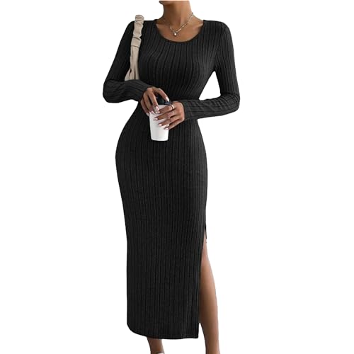 Amazon.com: Women's Fall Long Sleeve Sweater Dress Casual Ribbed Knit Slim  Fit Elegant Maxi Dresses Crew Neck Side Slit Bodycon (X-Small,Black) :  Clothing, Shoes & Jewelry