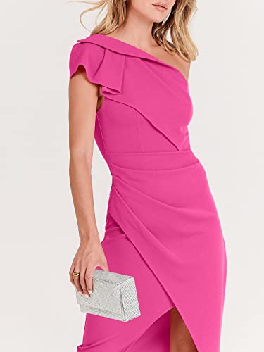 Anrabess Women's One Shoulder Cocktail Evening Night Party Midi Dress Sleeveless Ruffle Wrap Ruched Bodycon Formal Wedding Guest Dresses For Graduation Prom 847Meihong-S Rose #TOP5