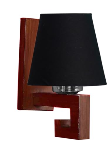 Image of Wall Lamp with Wooden Base (H- 10.9 Inch, Black) Modern Wall Sconce for Bedroom /Living Room, Study Room, Home Office Decor | Decorative Indoor Lighting, Warm Ambient Night Lamp | Flared Shape
