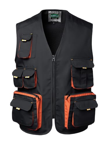 Oralidera Mens Carpenter Work Vest Electric Tool Vest Workshop Multi Pocket Utility Vests, Black, L