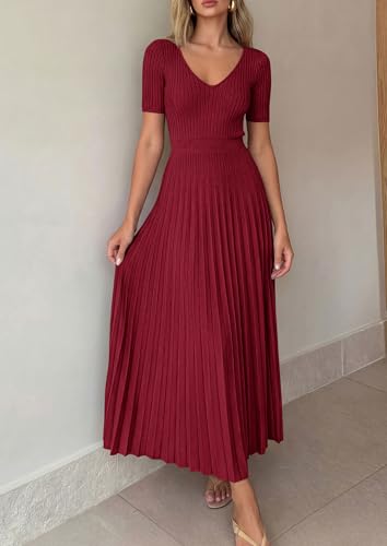 Image of PRETTYGARDEN Women's 2026 Spring Midi Sweater Dresses Elegant Pleated Ribbed Knit Short Sleeve V Neck A Line Summer Outfits