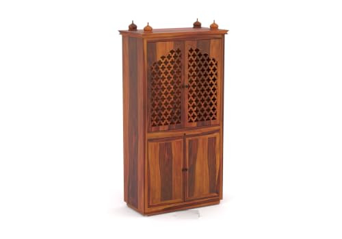 Image of Solid Sheesham Wood Temple for Home & Office /Mandir /God Stand /Pooja Stand /Home Mandap /Mandapam with Cabinet Doors & Multiple Storage (Honey-2, Large)