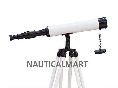 NauticalMart Floor Standing Bronze with White Leather Harbor Master Telescope 50” by NauticalMart