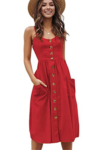 Image of YMING Womens Summer Spaghetti Strap Dresses Button Down Floral Sundress High Waist Swing Midi Dress with Pockets