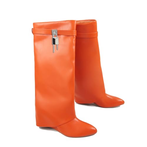 Image of keleimusi Fold Over Wedge Boots Heeled PadLock Pant Knee High Shoes Tall /Short Booties