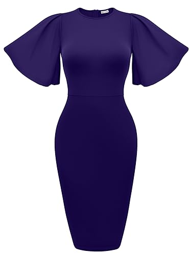 Image of Memoriesea Women's Basic Bodycon Ruffle Flared Short Sleeve Pencil Midi Dress