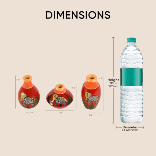 Image of Aakriti Art Creations Joyful Elephants Terracotta Vase Set of 3 (Red) | Hand-Painted Madhubani Art Flower Vases | Matte Finish Decorative Vases for Living Room, Table Decor & Gifting