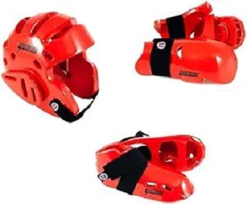 Lightning Karate Martial Arts Sparring Deluxe 6 Piece Package Deal w/Ultra Lightning Kicks & Free Mouthpiece (Red, Child Large)