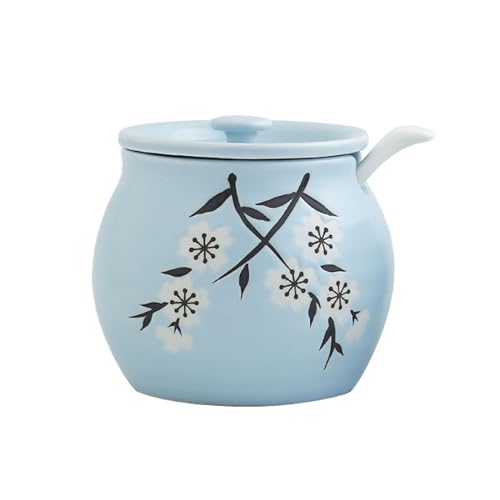 SBCGFY Tarro de cerámica para Aceite, Tarro para Aceite de Cocina, Tarro para condimentos con Tapa, Tarro para Aceite de Chile, Tarro de cerámica para condimentos para(Azul 10,5x11cm)