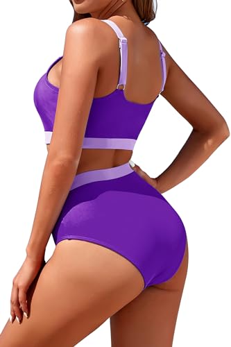 Image of Womens High Waisted Bikini Sets Sporty Crop Top Color Block Swimwear Bandeau Scoop Neck Vintage Two Piece Bathing Suits
