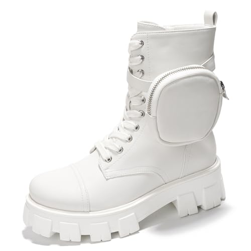 Cape Robbin Women's Combat Boots - Ankle Booties with Side Zipper, Pouch, Chunky Platform & Lace-Up Design (Monalisa) - Off White 8