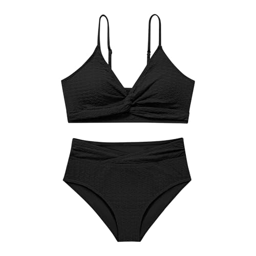 Girls Swimsuit Solid Bathing Suit 2 Piece Twist Cross Adjustable Straps Soft Lining Bikini for Teen Girls with Chest Pad Black