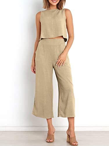 Image of ANRABESS Women's Summer 2 Piece Outfits Sleeveless Tank Crop Button Back Top Cropped Wide Leg Pants Set Pockets