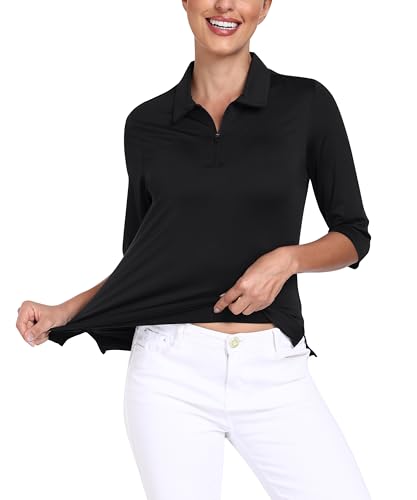 MoFiz 3/4 Short Sleeve Golf Shirt for Women Quick Dry Quarter Zip Athletic Polo Shirts Lightweight Workout Casual Tops2