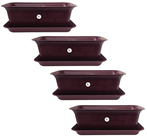 Image of 20 Inch Brownish Flower Pot Gamla with Bottom Tray Set of 4 (1 Small Free) / Indoor and Outdoor Use Pot /Plant Container /planters Rectangular Big Size for Terrace /Home Decor /pots Gardening