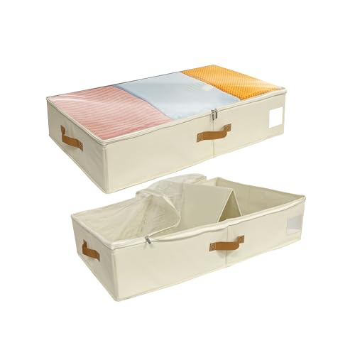 SYEXDZON Under Bed Storage Boxes with Sturdy Sidewalls Plate and Base Plate, 2pack Clothes Organisers with lids, PVC Window for Comforters, Duvets, Blankets, Shoes, Bedding (Beige, With base plate)