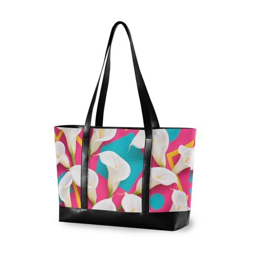 KLL Colorful Geometric Shapes White Calla Lilies Portable laptop bags for women with zipper travel tote Large Handbag for Pool Gym Grocery Travel with diaper cartera para laptop de mujer