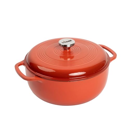 Lodge 6 Quart Enameled Cast Iron Dutch Oven with Lid – Dual Handles – Oven Safe up to 500° F or on Stovetop - Use to Marinate, Cook, Bake, Refrigerate and Serve – Poppy